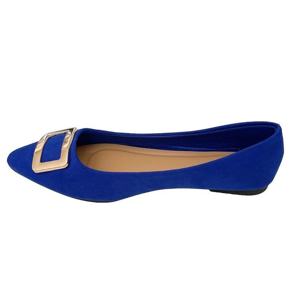 BAMBOO Pointy Toe Sleek Gold Buckle Ballet Flats Women's Slip-On Suede Shoes - Picture 3 of 7